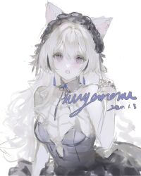 1girl :o animal_ears bare_shoulders black_dress blush breasts cat_ears cleavage dress earrings english_text hair_between_eyes hair_ornament hairband hand_up highres iggy.m jewelry long_hair looking_at_viewer nail_polish open_mouth original purple_dress purple_eyes sample_watermark sketch solo upper_body very_long_hair watermark white_background white_hair