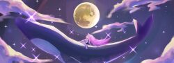 1girl boots cloud e_e332 elysia_(herrscher_of_human:_ego)_(honkai_impact) elysia_(honkai_impact) flying_whale full_body hashtag-only_commentary highres honkai_(series) honkai_impact_3rd long_hair midair night night_sky pink_hair riding riding_animal sky solo star_(sky) starry_sky very_long_hair whale white_boots