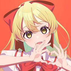 Rule 34 | 1girl, :d, absurdres, adapted costume, blonde hair, bow, bowtie, ellen (touhou), fingernails, guumin, hair bow, happy, head tilt, heart, heart hands, highres, long hair, nail polish, open mouth, phantasmagoria of dim.dream, red background, red bow, red bowtie, red nails, shirt, simple background, smile, solo, touhou, touhou (pc-98), very long hair, white shirt, yellow eyes