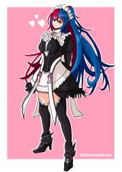 1girl absurdres alternate_costume apron artist_name black_dress blue_eyes blue_hair blush braid breasts cosplay crossed_bangs crown_braid dress felicia_(fire_emblem) felicia_(fire_emblem)_(cosplay) female_alear_(fire_emblem) fire_emblem fire_emblem_engage fire_emblem_fates full_body hair_between_eyes heart heterochromia high_heels highres large_breasts long_hair long_sleeves maid maid_apron maid_headdress multicolored_hair nintendo nohrian_maid_uniform outside_border ponytail puffy_sleeves red_eyes red_hair smile solo split-color_hair thighhighs thighs tiara two-tone_hair very_long_hair victoria_mikoto