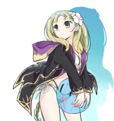 1girl atelier_(series) atelier_lulua ball beachball bikini black_jacket blonde_hair commentary_request cowboy_shot drop_shadow ficus_finis ficus_finis_(coastal_trickster) flower gold_trim green_eyes hair_flower hair_ornament holding holding_ball holding_beachball hood hood_down jacket karasumi_(aiseec) long_hair long_sleeves looking_to_the_side official_alternate_costume open_clothes open_jacket piana_(atelier) piana_(vivid_two-color)_(atelier) polka_dot polka_dot_bikini puni_(atelier) solo standing swimsuit white_flower