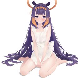 1girl absurdres alternate_costume apron back_bow bare_legs bare_shoulders barefoot between_legs bow center-flap_bangs frilled_apron frills furrowed_brow gradient_hair hair_ornament hair_spread_out halo hand_between_legs highres hololive hololive_english light_blush light_smile long_hair looking_at_viewer mole mole_under_eye multicolored_hair naked_apron ninomae_ina&#039;nis on_floor orange_hair pointy_ears purple_eyes purple_hair signature simple_background sitting solo straight-on takokatsu tentacle_hair traditional_halo v_arms very_long_hair virtual_youtuber wariza white_apron white_background