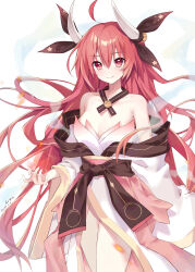 1girl absurdres ahoge bare_shoulders breasts cleavage date_a_live hair_ribbon highres horns itsuka_kotori japanese_clothes long_hair medium_breasts obi red_eyes red_hair ribbon sash shiqila smile solo white_background