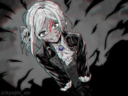 1girl ascot blood blood_on_face chromatic_aberration coat collared_shirt dutch_angle freckles from_above furrowed_brow grey_background greyscale grin hair_bun highres hyojin_en looking_at_viewer monochrome reverse:1999 shirt short_hair single_side_bun smile solo spot_color twitter_username upper_body vertin_(reverse:1999) vest waistcoat