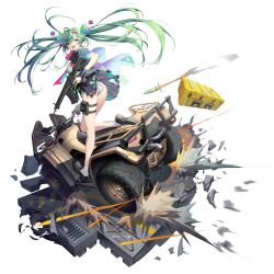 1girl all-terrain_vehicle artist_request ass assault_rifle black_skirt colored_eyelashes crate explosion faux_figurine from_behind full_body game_cg girls&#039;_frontline girls&#039;_frontline_neural_cloud green_hair gun hair_over_one_eye highres holding holding_gun holding_weapon looking_back motor_vehicle official_alternate_costume official_art on_all-terrain_vehicle open_mouth panties pantyshot red_eyes rifle rocket skirt solo third-party_source twintails under_fire underwear weapon zangyin_(neural_cloud)