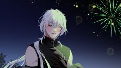 1boy a_date_with_death aegyo aerial_fireworks blush casper_(a_date_with_death) fireworks gradient_background hair_flowing_over hair_over_shoulder highres jacket jacket_partially_removed jellyfish_cut large_variant_set light_particles looking_at_viewer male_focus nervous night night_sky non-web_source official_art open_mouth red_eyes sky sleeveless sleeveless_turtleneck solo surprised tree turtleneck upper_body variant_set white_hair wide-eyed