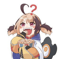 1girl ? ahoge black_hair blonde_hair cloak eating food fuyuu_seibutsu gigi_murin gigi_murin_(1st_costume) highres hololive hololive_english jacket long_sleeves multicolored_hair popcorn red_eyes sharp_teeth short_twintails simple_background solo tail teeth twintails two-tone_hair virtual_youtuber white_background white_cloak yellow_jacket