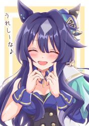 1girl animal_ears blue_hair blush breasts closed_eyes collarbone commentary_request earrings hair_between_eyes hair_ornament highres horse_girl jewelry long_hair looking_at_viewer medium_breasts mokichi3356 pointing portrait simple_background single_earring solo umamusume verxina_(umamusume)