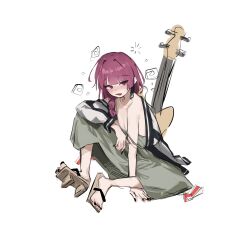 1girl absurdres bass_guitar black_nails blush bocchi_the_rock! breasts cleavage collarbone commentary dress drunk earrings fang geta green_dress highres hiroi_kikuri hodo100s instrument jacket jewelry long_hair looking_at_viewer nail_polish open_mouth purple_eyes purple_hair simple_background single_off_shoulder small_breasts solo squeans strap_slip sweat toenail_polish toenails white_background white_jacket