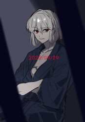 1boy aemono_(lemolemo_lmn) blue_kimono highres japanese_clothes kimono open_clothes red_eyes short_hair smile solo tohno_shiki_(2) tsukihime white_hair