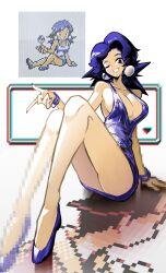 1boy 1girl backwards_hat bare_shoulders baseball_cap beauty_(pokemon) black_hair blue_dress blue_hair bracelet breasts cleavage collarbone dress ethan_(pokemon) hat high_heels highres holding jacket jewelry long_hair looking_at_viewer nintendo one_eye_closed open_mouth pokemon pokemon_gsc shakeeeeeeeee short_dress short_hair sitting smile thighs