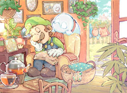 1-up_mushroom 1boy ?_block armchair basket blanket blue_overalls blue_pants blue_sky boo_(mario) book brown_footwear brown_hair cactus castle chair closed_eyes closed_mouth clothesline cloud coin commentary_request cup day dog door facial_hair fence fire_flower flower_pot fuyumaru_mominoki ghost gloves green_headwear green_shirt hand_up hanging_plant hat head_rest hill indoors iwata_satoru laundry laundry_pole light_rays long_sleeves luigi luigi&#039;s_mansion male_focus mario mario_(series) mustache nintendo open_door overalls pants penguin_(mario) photo_(object) picture_frame plant plate polterpup potted_plant princess_peach princess_peach&#039;s_castle professor_elvin_gadd real_life red_toad_(mario) rug saucer shelf shirt shoes short_hair sitting sky sleeping sleeping_upright slice_of_life smile stepping_stones sunlight super_mushroom super_star_(mario) table tassel tea teacup teapot the_legend_of_zelda toad_(mario) tree triforce white_gloves window wooden_fence wooden_floor yoshi_egg