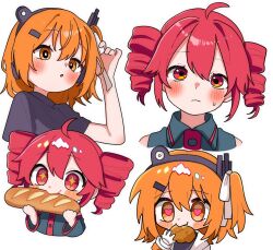 +_+ 2girls a.i._voice adachi_rei baguette blush bread chicken_(food) commentary drill_hair eating food fried_chicken hand_up haru_maron heart heart_in_eye holding holding_food kasane_teto kasane_teto_(utau) looking_at_viewer multiple_girls multiple_views one_side_up orange_eyes orange_hair red_eyes red_hair short_sleeves symbol_in_eye twin_drills upper_body utau