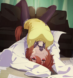1girl :i agnes_tachyon_(umamusume) black_pantyhose brown_eyes brown_hair commentary couch curtains cushion hair_between_eyes highres horse_tail indoors lab_coat long_sleeves pantyhose paper pout shijima_(shizima_03) short_hair sleeves_past_fingers sleeves_past_wrists solo sweater tail umamusume upside-down yellow_sweater