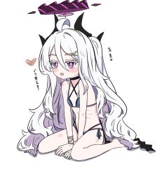1girl absurdres ahoge bikini blue_archive breasts commentary_request cosplay e_v_e_neko halo highres hina_(blue_archive) horns kikyou_(blue_archive) kikyou_(blue_archive)_(cosplay) long_hair purple_eyes simple_background sitting small_breasts solo swimsuit translation_request variant_set white_background white_hair