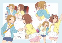 2girls :o animal_ears aqua_background bag blue_jacket blush brown_hair cat_ears closed_eyes closed_mouth cola collared_shirt dress food hair_ornament heart highres hirasawa_yui holding holding_hands hug jacket k-on! movie_theater multiple_girls one_eye_closed open_mouth popcorn rabbit_ears running shaofangziran shirt short_hair shorts shoulder_bag simple_background skirt smile socks stuffed_animal stuffed_toy sweat sweatdrop tainaka_ritsu white_background white_dress white_socks yuri