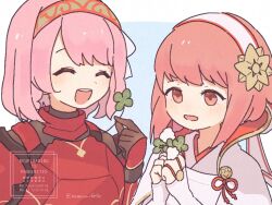 2girls armor braid clover fire_emblem fire_emblem_engage fire_emblem_fates four-leaf_clover grey_hairband hairband highres japanese_clothes lapis_(fire_emblem) multiple_girls nintendo pink_eyes pink_hair red_armor red_hairband ribbon sakura_(fire_emblem) side_braid sorane_amus two-tone_hairband white_hairband white_ribbon