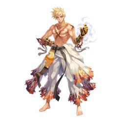 1boy abs barefoot belt black_belt black_gloves blonde_hair blue_eyes championship_belt closed_mouth clothes_around_waist cross_scar flame_print full_body gauntlets gloves highres jewelry leona_(pixiv) male_focus muscular muscular_male necklace obliques official_art pants ragnarok_online scar scar_on_chest shirt shirt_around_waist short_hair simple_background smile solo standing sura_(ragnarok_online) tachi-e topless_male transparent_background v-shaped_eyebrows white_pants white_shirt