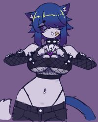 1girl absurdres animal_ear_fluff animal_ears bandaid bandaid_on_face bell black_panties black_pants blue_hair bracelet breasts cat_ears cat_girl cat_tail collar cowboy_shot doce elbow_gloves female_focus fingerless_gloves fishnet_gloves fishnet_top fishnets freckles gloves hair_over_one_eye heart heart_hands highres jewelry jingle_bell looking_to_the_side midriff navel navel_piercing original panties pants panty_straps parted_lips piercing purple_background purple_eyes short_hair simple_background solo spiked_bracelet spiked_collar spikes tail underboob underwear xiao_(docecaedrus)