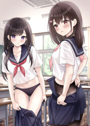 2girls black_panties black_pantyhose blue_sailor_collar blue_skirt blush brown_hair ceiling ceiling_light chair chalkboard classroom clothes_pull collarbone commentary_request crop_top cropped_shirt day desk fluorescent_lamp fuyuno_tsubaki_(yukimaru217) gluteal_fold grate hair_ornament harumiya_saki highres indoors long_hair looking_at_viewer midriff multiple_girls navel neckerchief open_clothes open_skirt original panties panties_under_pantyhose pantyhose parted_lips partially_unzipped pink_neckerchief pleated_skirt purple_eyes red_neckerchief sailor_collar school_chair school_desk school_uniform serafuku shirt short_sleeves skirt skirt_pull summer_uniform sunlight underwear undressing very_long_hair white_panties white_shirt window yukimaru217 zipper
