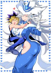 1boy 1girl bare_shoulders black_hair black_shirt blonde_hair blue_dress blue_pants breasts carrying carrying_person closed_eyes commentary_request cowboy_shot dress duel_monster grey_hair hat heart highres hip_vent large_breasts long_hair medium_hair mi_manu1950 muscular muscular_male muto_yugi pants purple_eyes purple_hair shirt silent_magician simple_background size_difference spiked_hair twitter_username white_background white_hat yu-gi-oh! yu-gi-oh!_duel_monsters