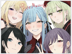 5girls amoris_(bang_dream!) ascot ave_mujica_(bang_dream!) bang_dream! bang_dream!_it&#039;s_mygo!!!!! beret black_ascot black_hair black_ribbon blonde_hair blue_eyes blue_hair border closed_mouth clothing_cutout commentary crying crying_with_eyes_open doloris_(bang_dream!) earrings gloves green_hair grey_gloves group_name hair_ribbon hat highres jewelry long_hair looking_at_viewer medium_hair misumi_uika mortis_(bang_dream!) mortis_(costume)_(bang_dream!) multiple_girls nagomu_7_56 oblivionis_(bang_dream!) one_eye_closed open_mouth purple_eyes purple_hair red_eyes red_hat ribbon short_hair shoulder_cutout sidelocks tears teeth timoris_(bang_dream!) togawa_sakiko upper_teeth_only very_long_hair wakaba_mutsumi white_background white_border yahata_umiri yellow_eyes yuutenji_nyamu
