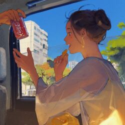 1girl 1other amo_(amo_0514) bag_of_chips blue_sky blush brown_hair building camisole can car_interior chinese_commentary chips_(food) coca-cola commentary_request condensation day drink_can earrings eating fingernails floating_hair food from_side gold_earrings hair_bun hands_up highres holding holding_can holding_food hoop_earrings jewelry long_sleeves looking_ahead mole mole_under_eye open_mouth original out_of_frame potato_chips profile see-through_clothes see-through_shirt shirt short_hair single_hair_bun sitting sky soda_can solo_focus tree upper_body white_camisole wide_sleeves window