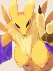 1girl 3gs animal_ears animal_hands animal_nose arm_up bent_over black_sclera blue_eyes body_fur breasts bridal_gauntlets claws closed_mouth colored_sclera covered_erect_nipples cowboy_shot digimon digimon_(creature) facial_mark female_focus fox_ears fox_girl furry furry_female grey_background hanging_breasts heart_pasties highres huge_breasts leaning_forward leg_tattoo looking_at_viewer mature_female nude pasties pawpads reaching reaching_towards_viewer renamon simple_background snout solo sweat tattoo two-tone_fur white_fur yellow_fur