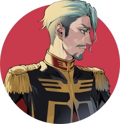 1boy absurdres beard black_jacket challia_bull closed_mouth epaulettes facial_hair green_hair gundam gundam_gquuuuuux highres ikuchan_kaoru jacket male_focus profile red_background short_hair solo upper_body white_background