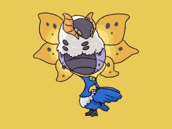 00tamakichi alternate_color beak bird bug closed_eyes cramorant creatures_(company) feathers game_freak gen_5_pokemon gen_8_pokemon head_back highres horns insect insect_wings moth moth_wings nintendo no_humans official_alternate_color open_mouth pokemon pokemon_(creature) shiny_pokemon simple_background volcarona wings x yellow_background