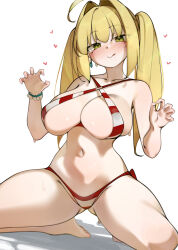 Rule 34 | 1girl, absurdres, ahoge, bare shoulders, barefoot, bead bracelet, beads, bikini, blonde hair, blush, bracelet, breasts, claw pose, cleavage, collarbone, criss-cross halter, deko morii, earrings, fate/grand order, fate (series), green eyes, hair intakes, halterneck, heart, highres, jewelry, kneeling, large breasts, licking lips, long hair, looking at viewer, navel, nero claudius (fate), nero claudius (swimsuit caster) (fate), red bikini, smile, solo, striped bikini, striped clothes, swimsuit, thighs, tongue, tongue out, twintails