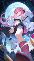 1girl :3 ahoge armpits black_bow black_shorts black_thighhighs blush bow braid breasts buoy character_request choker city claw_pose closed_mouth crescent crescent_hair_ornament fingernails from_below full_moon gloves hair_bow hair_bun hair_ornament highres holding jacket long_hair long_sleeves looking_at_viewer medium_breasts moon nail_polish nekoda_(maoda) night outdoors partially_fingerless_gloves paw_ornament pink_choker pink_hair pink_nails pink_socks purple_eyes shirt shoes shorts single_side_bun single_thighhigh sleeves_past_wrists smile sneakers socks solo thighhighs thighs virtual_youtuber white_jacket white_shirt white_shoes