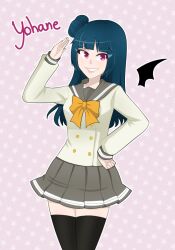1girl black_thighhighs blue_hair bow buttons character_name closed_mouth gallaxi grey_sailor_collar grey_skirt hair_bun hand_on_own_hip long_hair looking_to_the_side love_live! love_live!_sunshine!! orange_bow outline pink_eyes pleated_skirt sailor_collar salute school_uniform skirt smile solo star_(symbol) teeth thighhighs tsushima_yoshiko uranohoshi_school_uniform white_outline