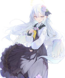 1girl absurdres azusa_(blue_archive) black_dress blue_archive commentary commentary_request crossed_bangs dress english_commentary feathered_wings flower hair_flower hair_ornament halo highres long_hair looking_at_viewer low_wings nadenadesuki open_mouth simple_background solo teeth very_long_hair white_background white_hair white_wings wings yellow_halo