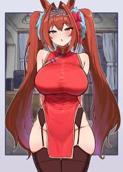 1girl absurdres animal_ears border bow breasts brown_pantyhose brown_thighhighs china_dress chinese_clothes circlet curtains daiwa_scarlet_(umamusume) desk dress grey_border hair_bow half-closed_eyes highres horse_ears horse_girl indoors large_breasts long_hair looking_at_viewer monitor office ooichou open_mouth orange_hair pantyhose pelvic_curtain purple_eyes red_bow red_dress sleeveless sleeveless_dress solo thighhighs third-party_source twintails umamusume very_long_hair