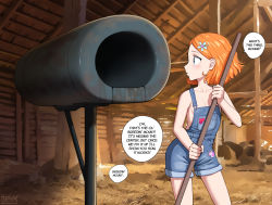 1girl barn blush breeding_mount broom english_text fellatrix female_focus hay highres loli naked_overalls overall_shorts overalls red_hair shortalls solo suzie_q suzieq_(fellatrix)