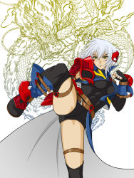 1girl abs armor banpresto belt boots cindy_bird dragon eastern_dragon facial_mark female_focus fighting_stance fingerless_gloves gloves leg_lift ralsaz shoulder_pads solo super_robot_wars super_robot_wars_og_saga_mugen_no_frontier super_robot_wars_og_saga_mugen_no_frontier_exceed thigh_strap thighs white_hair yellow_eyes