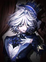 1girl ahoge ascot bh20647 blue_ascot blue_brooch blue_eyes blue_gemstone blue_hair blue_hat blue_jacket commentary crying crying_with_eyes_open curtains drop-shaped_pupils furina_(genshin_impact) gem genshin_impact gloves hair_between_eyes hand_on_own_chest hat heterochromia highres jacket long_sleeves looking_at_viewer mismatched_pupils multicolored_hair ouji_fashion shadow shirt short_hair solo sparkle symbol-shaped_pupils teardrop tears teeth top_hat upper_body vest white_gloves white_hair white_vest