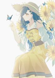 1girl arm_at_side arm_support black_hair blue_hair bug butterfly butterfly_hair_ornament butterfly_on_hand center_frills detached_sleeves dress earrings feet_out_of_frame flower flower_necklace frills gradient_hair hair_behind_ear hair_ornament hairclip hand_up hat highres insect jewelry long_hair looking_at_animal multicolored_hair necklace official_alternate_costume orange_eyes parted_lips project_sekai puffy_sleeves shiraishi_an single_sidelock sitting solo straw_hat sunflower the_vivid_old_tale_(project_sekai) underbust white_background white_sleeves yellow_dress yuki72611