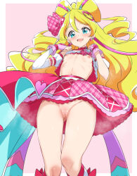 1girl :d blonde_hair blue_eyes blush border breasts breasts_out cleft_of_venus clothes_lift cure_idol double_bun drill_hair fingerless_gloves from_below gloves groin hair_bun hair_ornament heart heart_hair_ornament kimi_to_idol_precure lifting_own_clothes long_hair looking_at_viewer magical_girl mak066 navel nipples open_mouth outside_border pink_background pink_gloves pink_skirt precure puffy_sleeves pussy ribs sakura_uta_(precure) shirt_lift simple_background skirt skirt_lift small_breasts smile solo twin_drills very_long_hair wavy_hair white_border