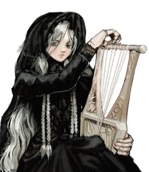 Rule 34 | 1girl, absurdres, black dress, black veil, bonnet, braid, closed mouth, colored eyelashes, doll, doll joints, dress, elden ring, elden ring nightreign, frilled veil, frills, goth fashion, gothic lolita, grey eyes, hair between eyes, highres, holding, holding instrument, holding lyre, instrument, joints, juliet sleeves, lolita fashion, long hair, long sleeves, looking to the side, low twin braids, lyre, meltted, music, official alternate costume, parted bangs, playing instrument, puffy sleeves, revenant (elden ring), sitting, solo, twin braids, upper body, veil, white background, white eyelashes, white hair