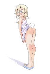 1girl ass blonde_hair blue_eyes blush commentary fake_tail hair_between_eyes highres kingdom_hearts leaning_forward long_hair namine open_mouth presenting presenting_ass rabbit_tail simple_background smile solo spaghetto087 tail teeth upper_teeth_only white_background