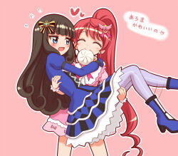 2girls steamed_bun blue_dress blue_eyes blue_footwear blue_thighhighs blush boots bow brown_hair c: carrying closed_eyes cowboy_shot dress dress_bow flying_sweatdrops food food_in_mouth frilled_dress frills heart kuga_yoshito kurosu_aroma long_hair looking_at_another multiple_girls pink_bow pink_dress ponytail pretty_series princess_carry pripara red_hair shiratama_mikan smile thighhighs translated very_long_hair