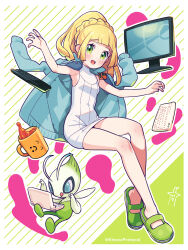 1girl bare_arms bare_legs blonde_hair blush border brigette_(pokemon) brigette_(pokemon)_(cosplay) celebi commentary_request cosplay creatures_(company) cup dress eyelashes full_body game_freak gen_2_pokemon green_eyes green_footwear highres computer_keyboard kinocopro knees legendary_pokemon lillie_(pokemon) long_hair monitor mug mythical_pokemon nintendo open_mouth pokemon pokemon_(creature) pokemon_bank pokemon_sm ponytail shoes sleeveless smile sweater sweater_dress twitter_username watermark white_border