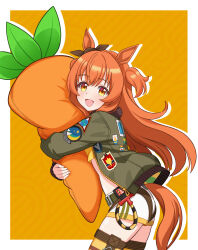 1girl absurdres animal_ears black_bow blue_komett blush bomber_jacket border bow carrot-shaped_pillow commentary_request cowboy_shot cropped_shirt ear_bow hair_between_eyes harness highres horse_ears horse_girl horse_tail hugging_object jacket long_hair mayano_top_gun_(umamusume) open_clothes open_jacket open_mouth orange_background orange_eyes orange_hair outside_border patch pillow pillow_hug shirt shorts simple_background smile solo tail thighhighs two_side_up umamusume white_border white_shorts yellow_shirt
