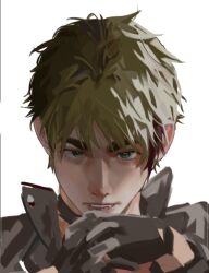 1boy axis_powers_hetalia blonde_hair gloves green_eyes horsemynewhorse looking_at_viewer male_focus multicolored_hair open_mouth portrait red_hair short_hair simple_background solo streaked_hair thick_eyebrows united_kingdom_(hetalia) white_background
