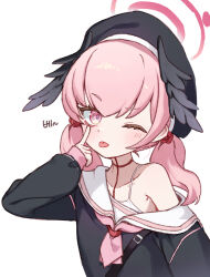 1girl bamyamsj beret black_hat black_shirt blue_archive body_markings bra_strap halo hat head_wings highres koharu_(blue_archive) long_sleeves looking_at_viewer low_twintails low_wings medium_hair neckerchief off_shoulder one_eye_closed pink_eyes pink_hair pink_halo pink_neckerchief sailor_collar shirt simple_background solo tongue tongue_out twintails upper_body white_background white_sailor_collar wings