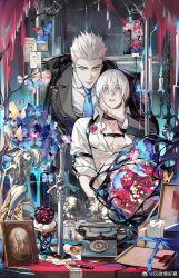 Rule 34 | 2boys, artist request, bishounen, blue butterfly, blue eyes, brothers, bug, butterfly, candlestand, chain, chain necklace, check artist, coat, cumcmn, dante (devil may cry), desk, devil may cry, devil may cry (series), devil may cry 3, eva (devil may cry), glowing butterfly, hair slicked back, highres, insect, jacket, jewelry, long hair, looking at viewer, male focus, multiple boys, necklace, necktie, open clothes, open shirt, petals, photo (object), picture frame, rebellion (sword), shirt, siblings, sleeves rolled up, smile, statue, too many, too many butterflies, too many flowers, vergil (devil may cry), white hair, white shirt