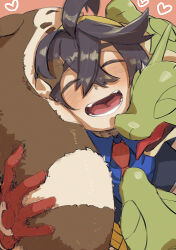 1boy :d absurdres affectionate black_hair blue_shirt blush closed_eyes collared_shirt commentary_request furret gen_2_pokemon gloves hairband happy heart highres hydrapple kieran_(pokemon) male_focus necktie nintendo nung_(aukw4783) open_mouth pink_background pokemon pokemon_(creature) pokemon_sv red_gloves red_necktie shirt short_hair smile teeth tongue yellow_hairband