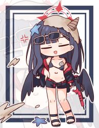 1girl :d anger_vein assault_rifle bare_shoulders bikini bikini_under_clothes black_bikini black_hair black_jacket black_sandals black_shorts black_wings blue_archive blue_eyes blush bullpup chibi closed_eyes em-2 empty_eyes eyewear_on_head facing_viewer feathered_wings grey-framed_eyewear gun half-closed_eyes halo hana_kazari hand_on_own_hip highres holding holding_gun holding_weapon ichika_(blue_archive) ichika_(swimsuit)_(blue_archive) jacket long_hair long_sleeves low_wings multiple_views navel off_shoulder open_clothes open_fly open_jacket open_mouth open_shorts outline puffy_long_sleeves puffy_sleeves revision rifle sand sandals short_shorts shorts sleeves_past_wrists smile standing starfish sunglasses swimsuit very_long_hair weapon white_outline wings zoom_layer